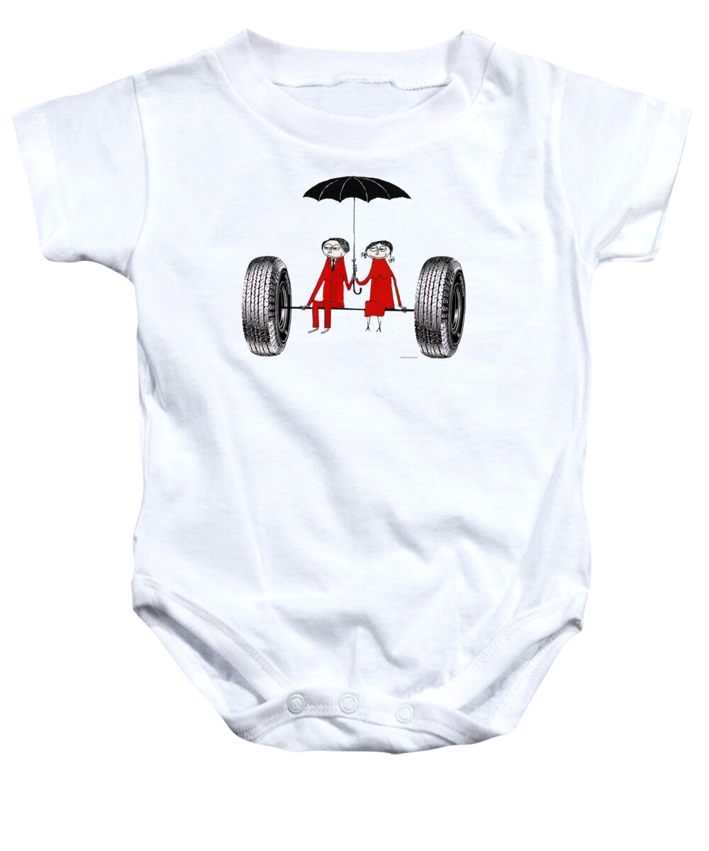 Pirelli Baby Onesie featuring the mixed media 1950s Pirelli couple and umbrella by Retrographs