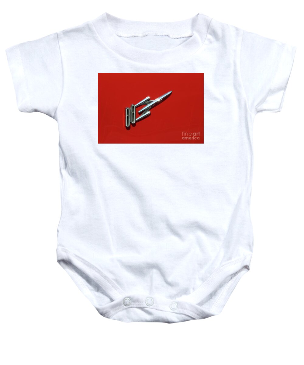 1955 Baby Onesie featuring the photograph 1955 Oldsmobile 88 Emblem 9623 by Jack Schultz