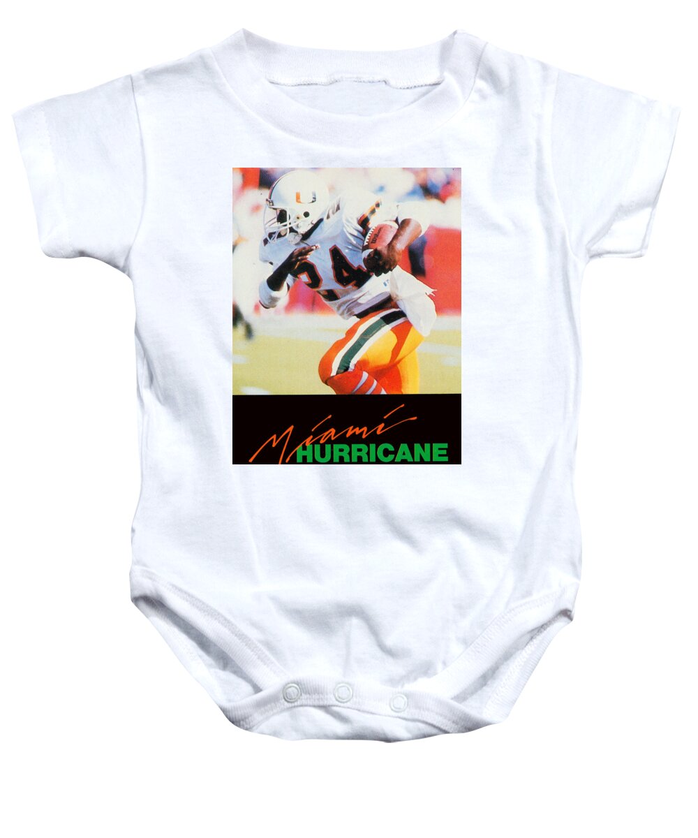 Miami Hurricanes Football Baby Onesie featuring the mixed media 1987 Miami Hurricane Football by Row One Brand