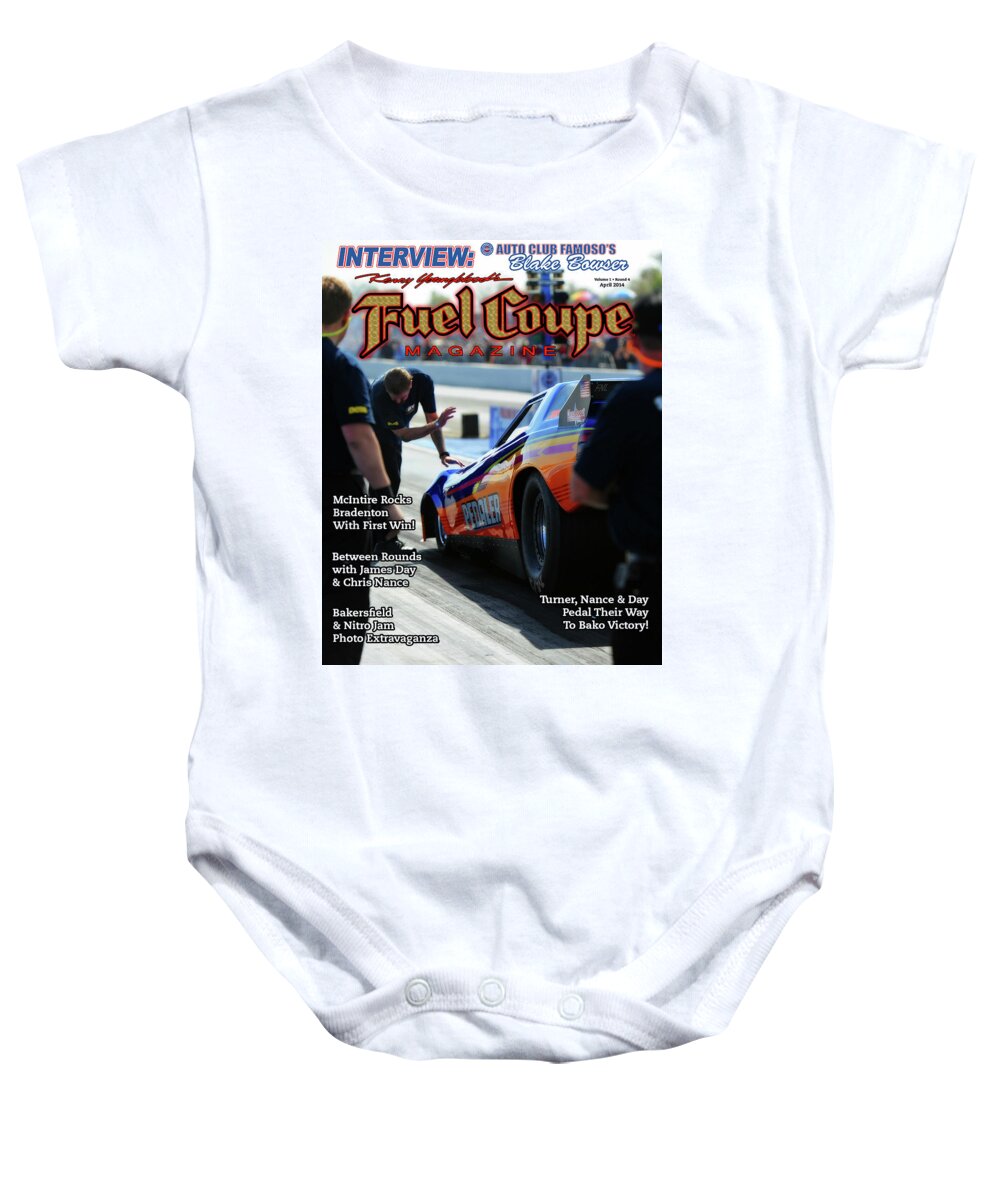 Funny Car Baby Onesie featuring the pyrography Fuel Coupe Magazine #2 by Kenny Youngblood