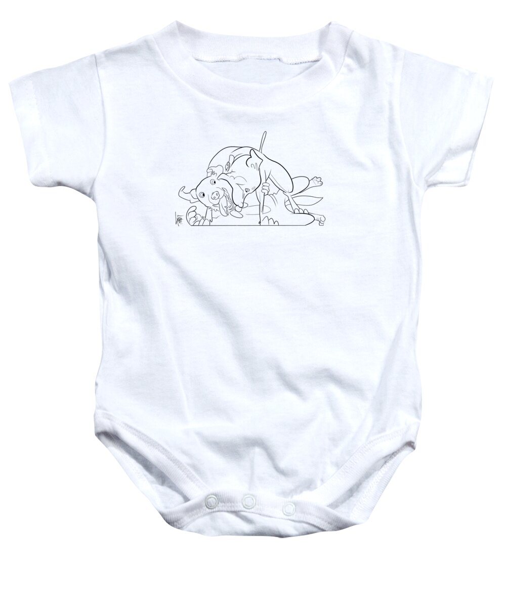 6036 Baby Onesie featuring the drawing 6036 Krikorian DAFFY and TUX by Canine Caricatures By John LaFree