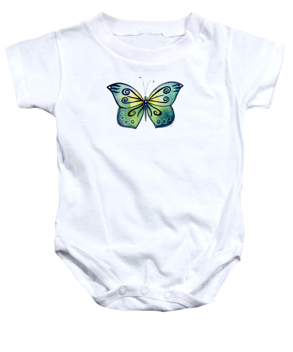 Capanea Butterfly Baby Onesie featuring the painting 92 Teal Button Cap Butterfly by Amy Kirkpatrick