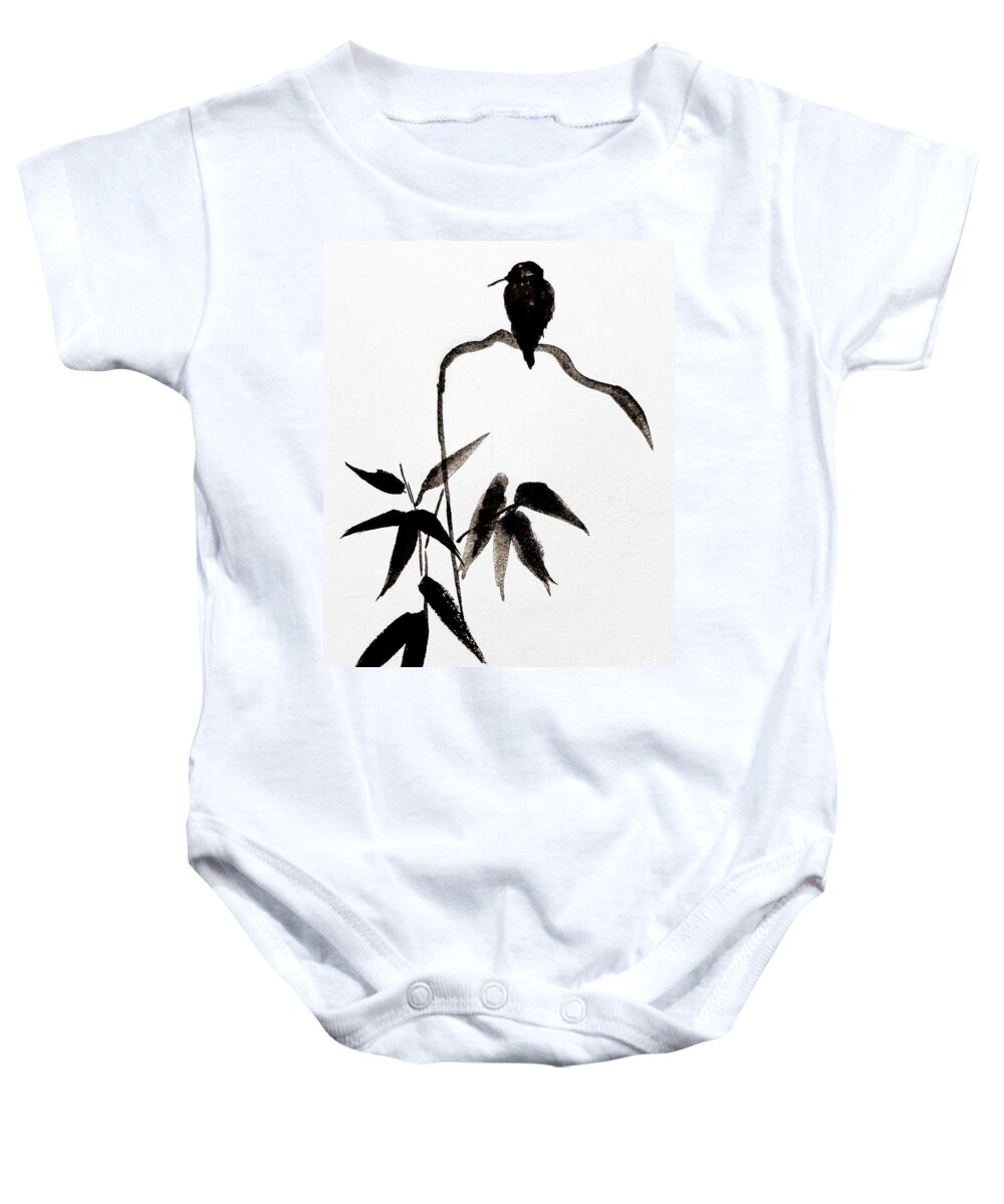  Baby Onesie featuring the painting A bird and bamboo in black ink by Margaret Welsh Willowsilk