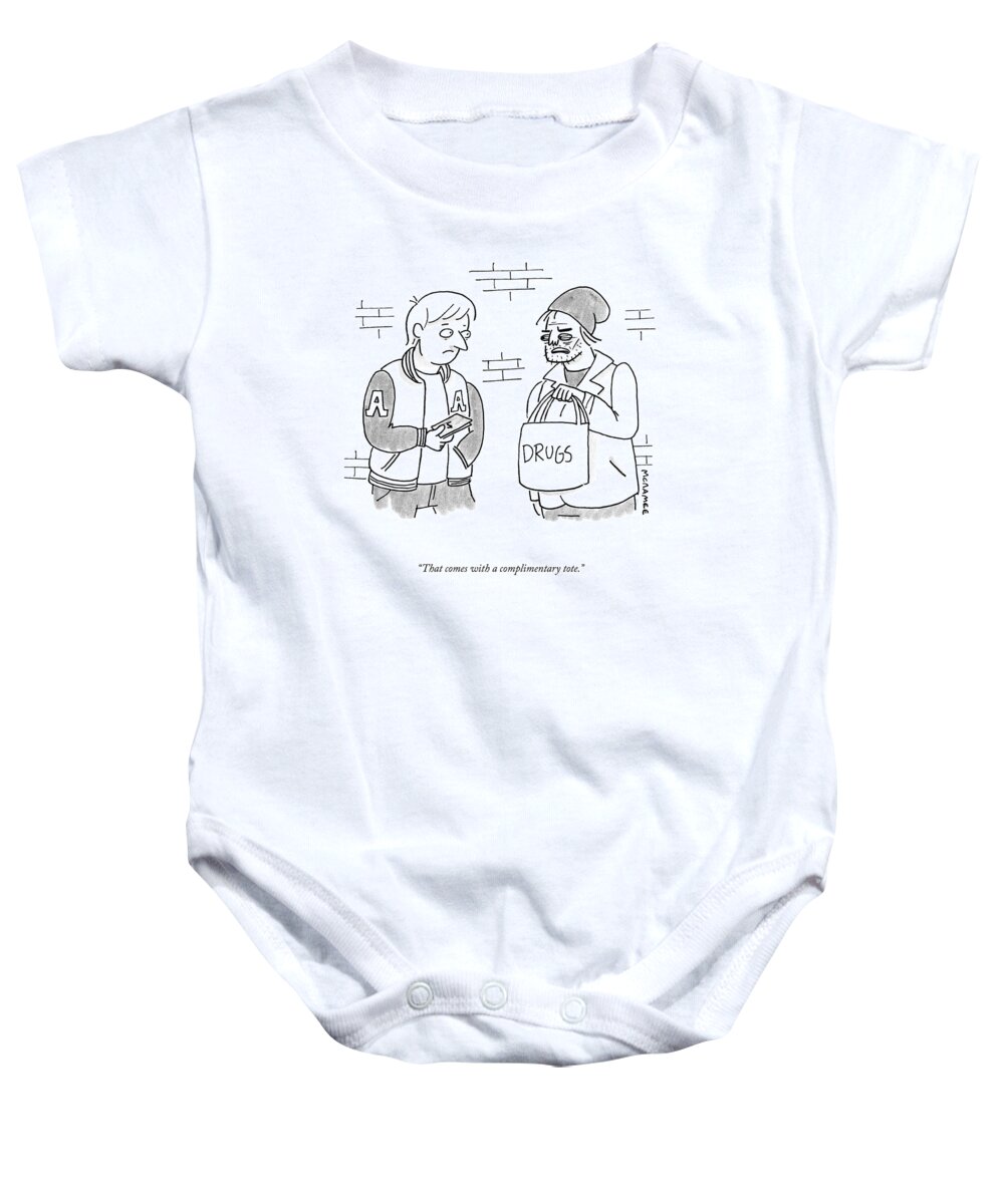 that Comes With A Complimentary Tote. Baby Onesie featuring the drawing A Complimentary Tote by John McNamee