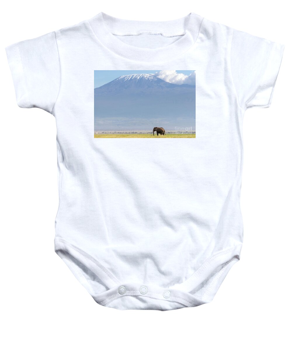 Elephant Baby Onesie featuring the photograph African elephant walks across the grassland of Amboseli National park, Kenya. A snow covered Mount Kilimajaro can be seen in the background. by Jane Rix