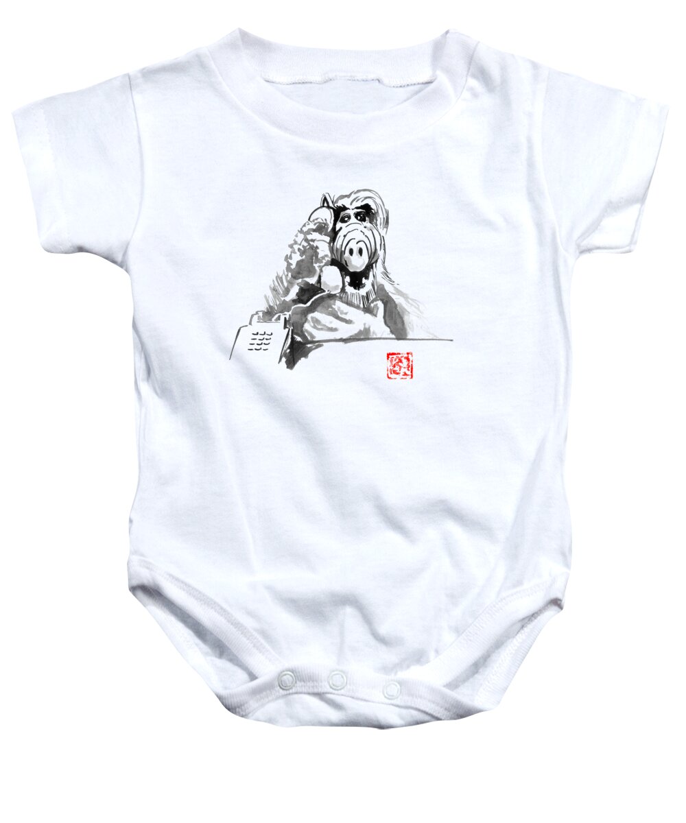 Alf Baby Onesie featuring the drawing Alf At The Phone by Pechane Sumie