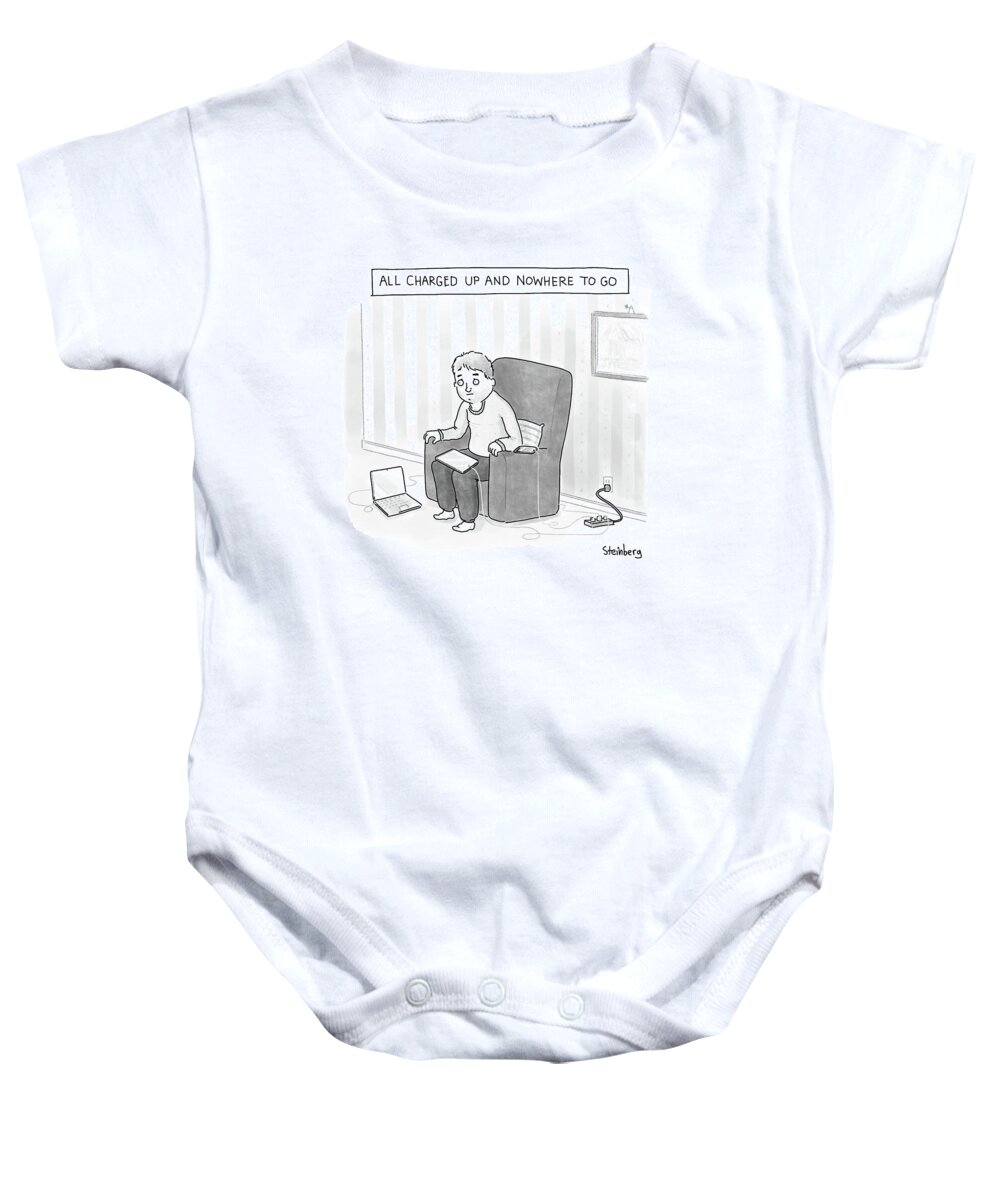 Captionless Baby Onesie featuring the drawing All Charged Up And Nowhere To Go by Avi Steinberg