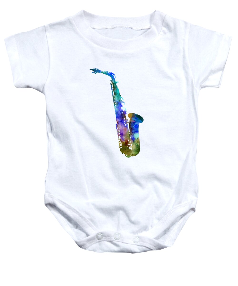 Alto Sax Baby Onesie featuring the painting Alto Sax-Blue by Hailey E Herrera