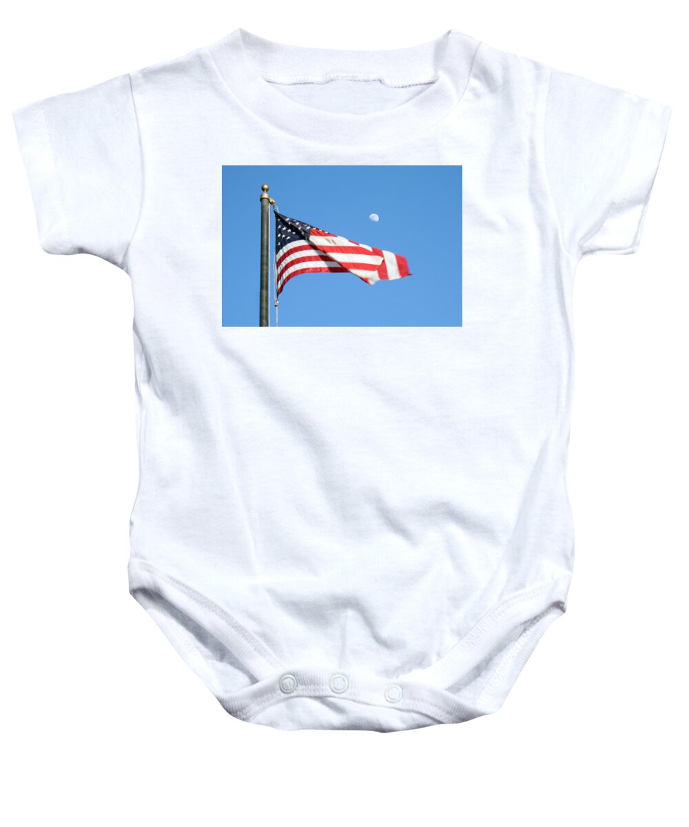 American Flag Baby Onesie featuring the photograph American Flag with Moon by Marilyn Hunt