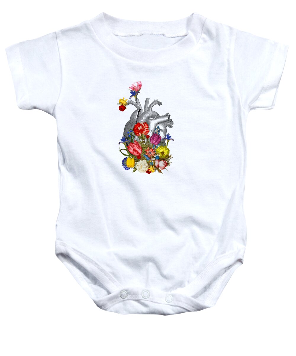 Heart Baby Onesie featuring the digital art Anatomical Heart With Colorful Flowers by Madame Memento