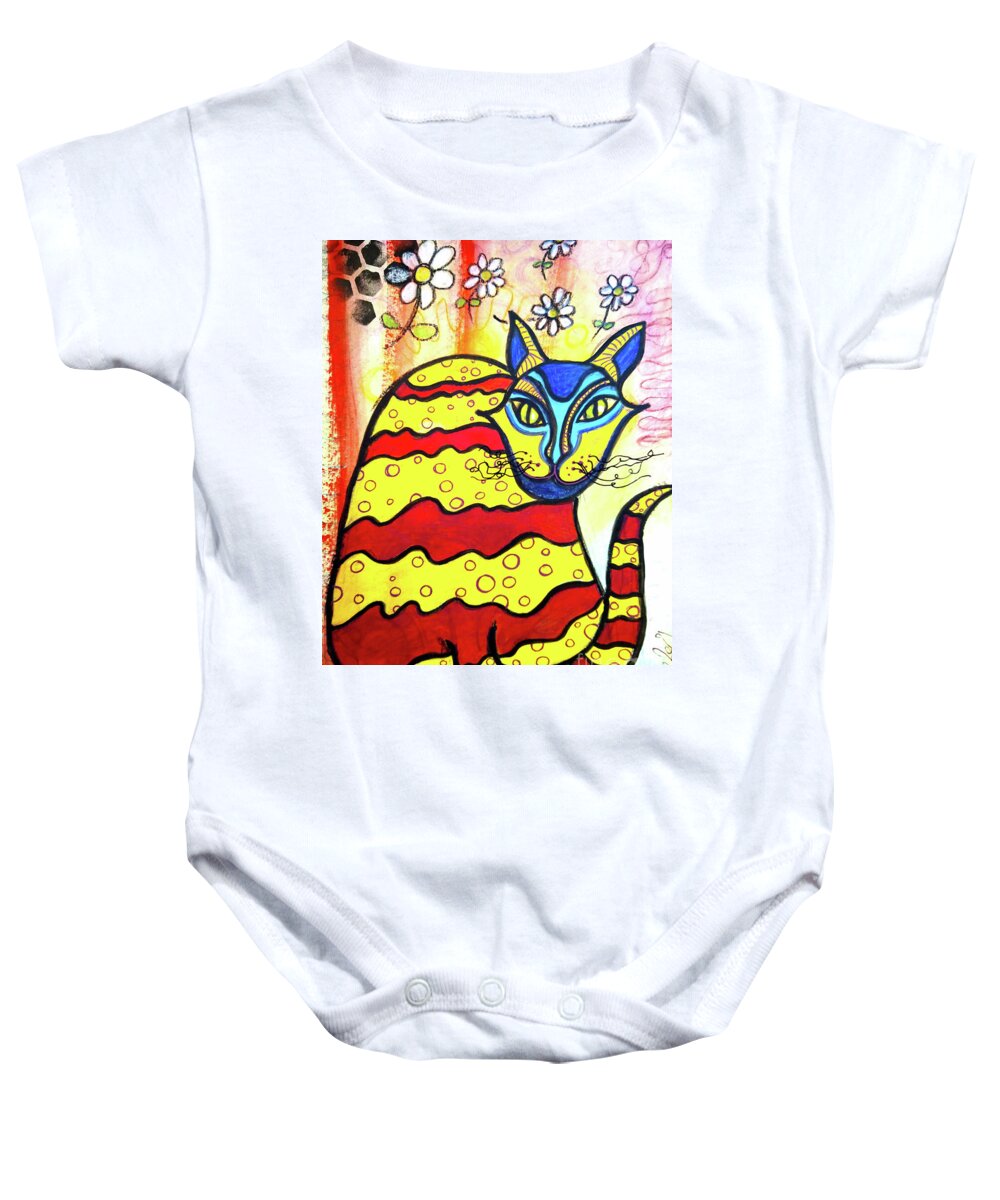 Cat Baby Onesie featuring the mixed media ANTOINE the DaisyLoving AlleyCat by Mimulux Patricia No