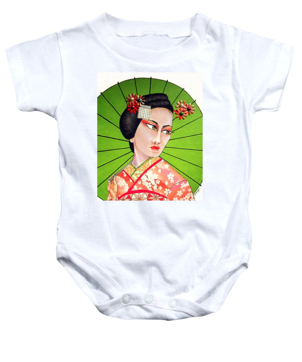 Maiko Baby Onesie featuring the mixed media Anzu by Jayne Somogy