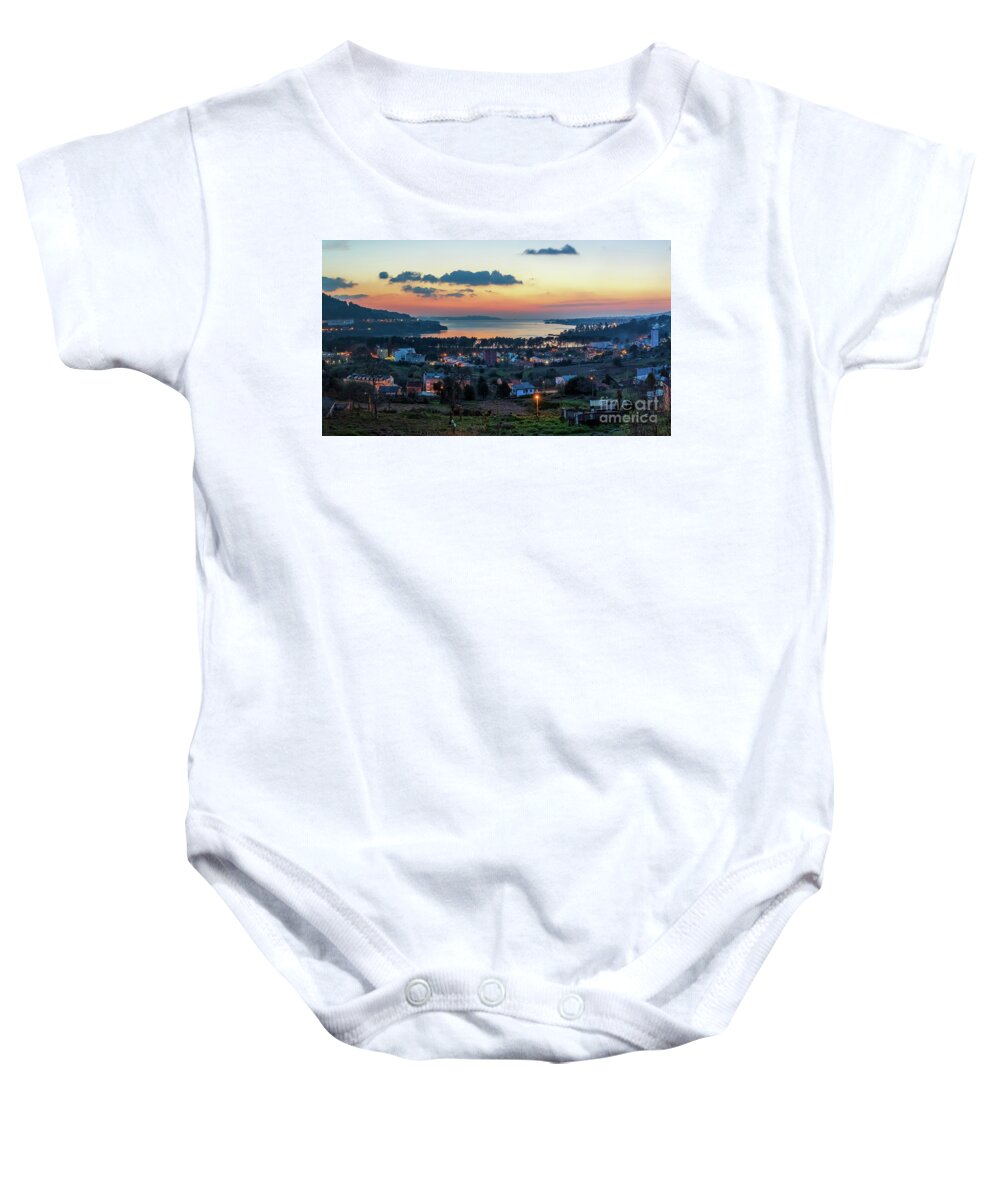 River Baby Onesie featuring the photograph Ares Estuary at Dusk View from Cabanas La Coruna Galicia by Pablo Avanzini