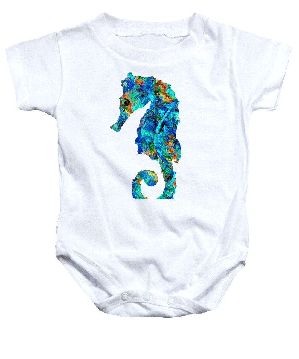 Seahorse Baby Onesie featuring the painting Blue Seahorse Art by Sharon Cummings by Sharon Cummings