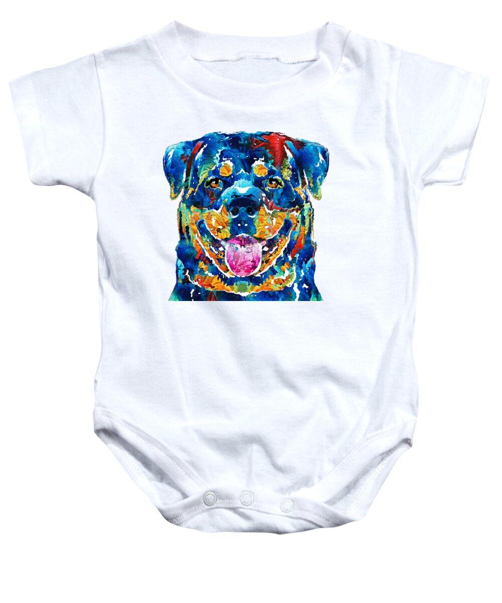 Rottweiler Baby Onesie featuring the painting Colorful Rottie Art - Rottweiler by Sharon Cummings by Sharon Cummings