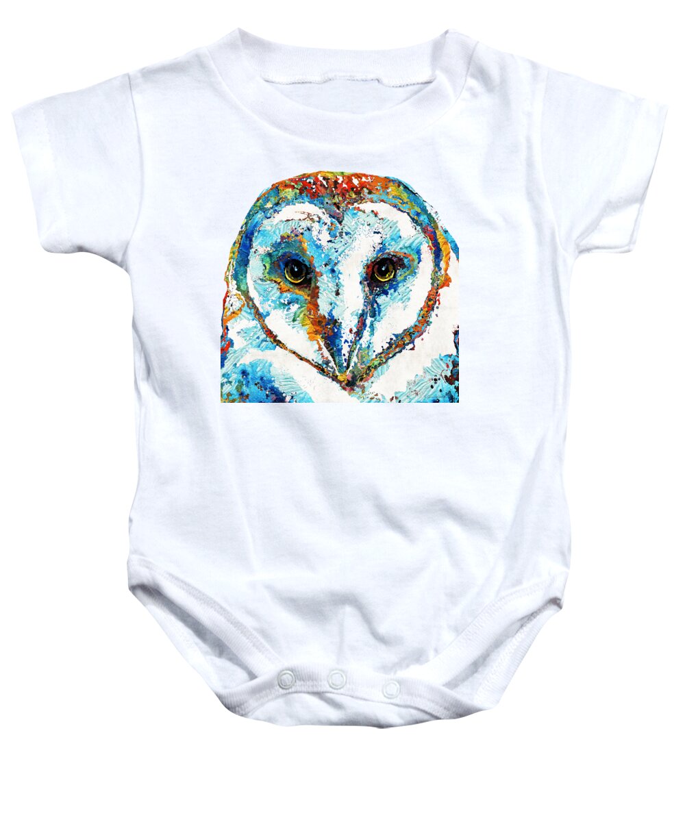 Owl Baby Onesie featuring the painting Colorful Barn Owl Art - Sharon Cummings by Sharon Cummings