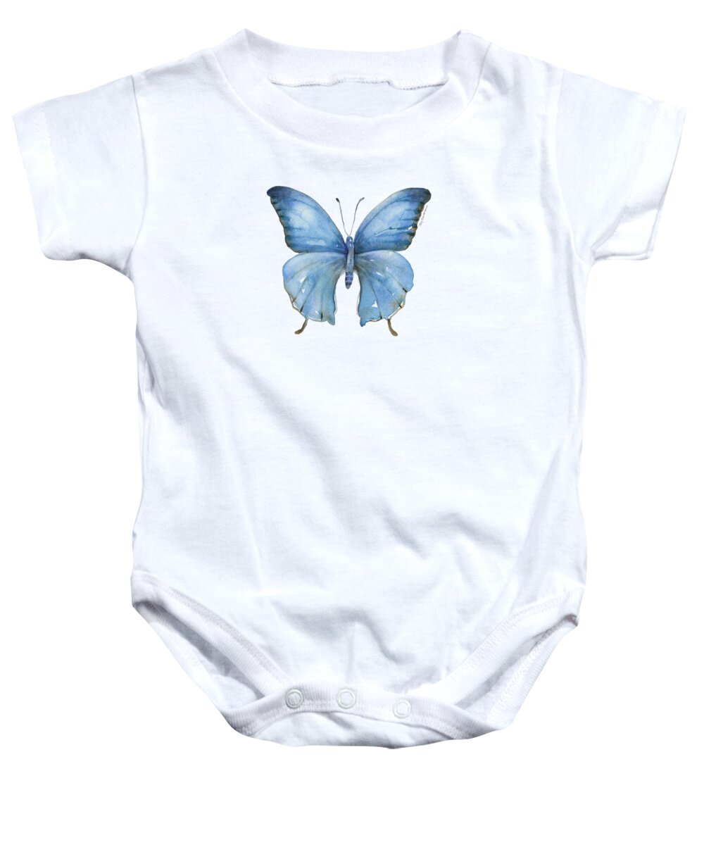 Blue And Brown Butterfly Baby Onesie featuring the painting 111 Blue Elijah Butterfly by Amy Kirkpatrick