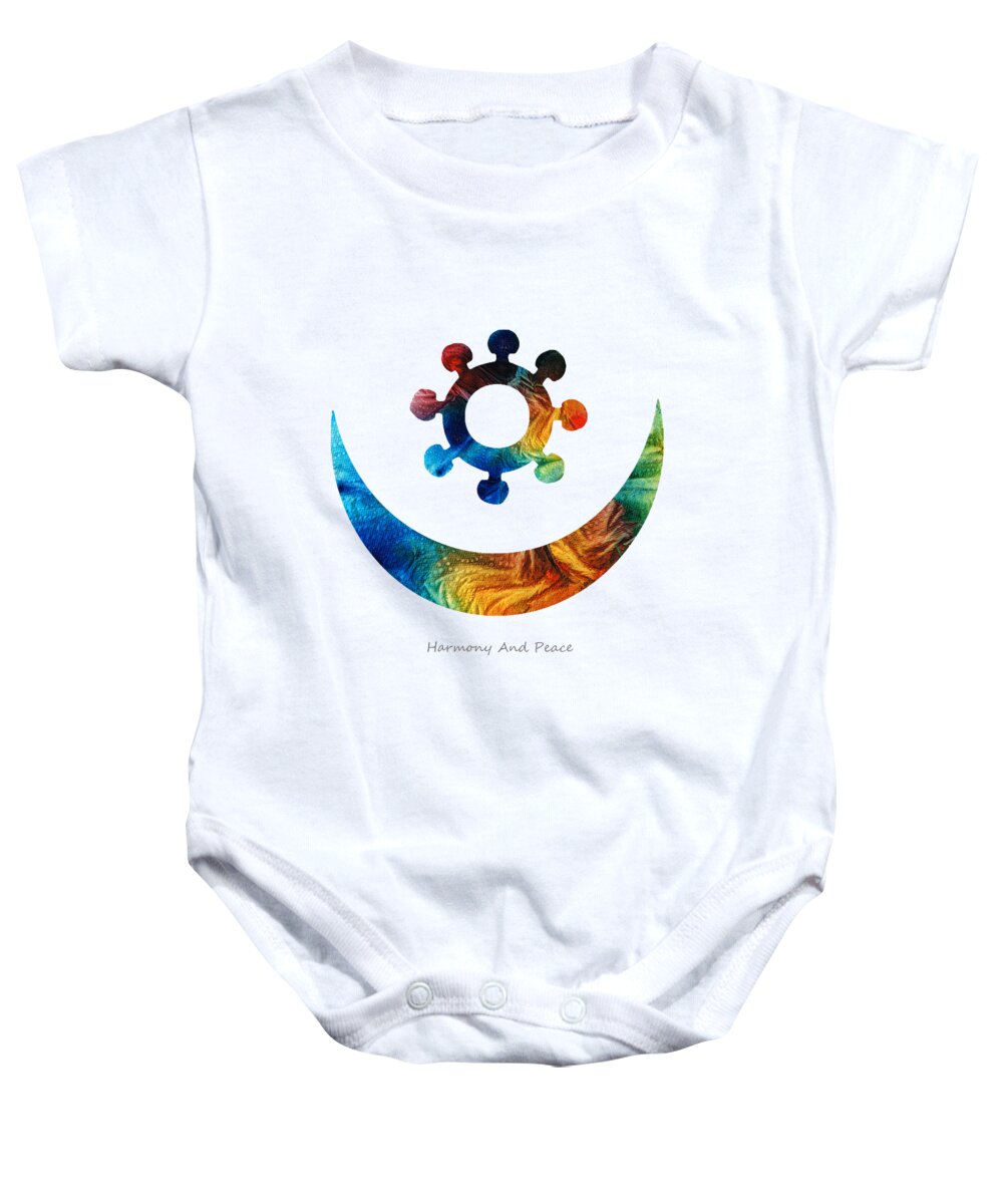 Native American Art Baby Onesie featuring the painting Harmony and Peace Symbol - Native American Art - Sharon Cummings by Sharon Cummings