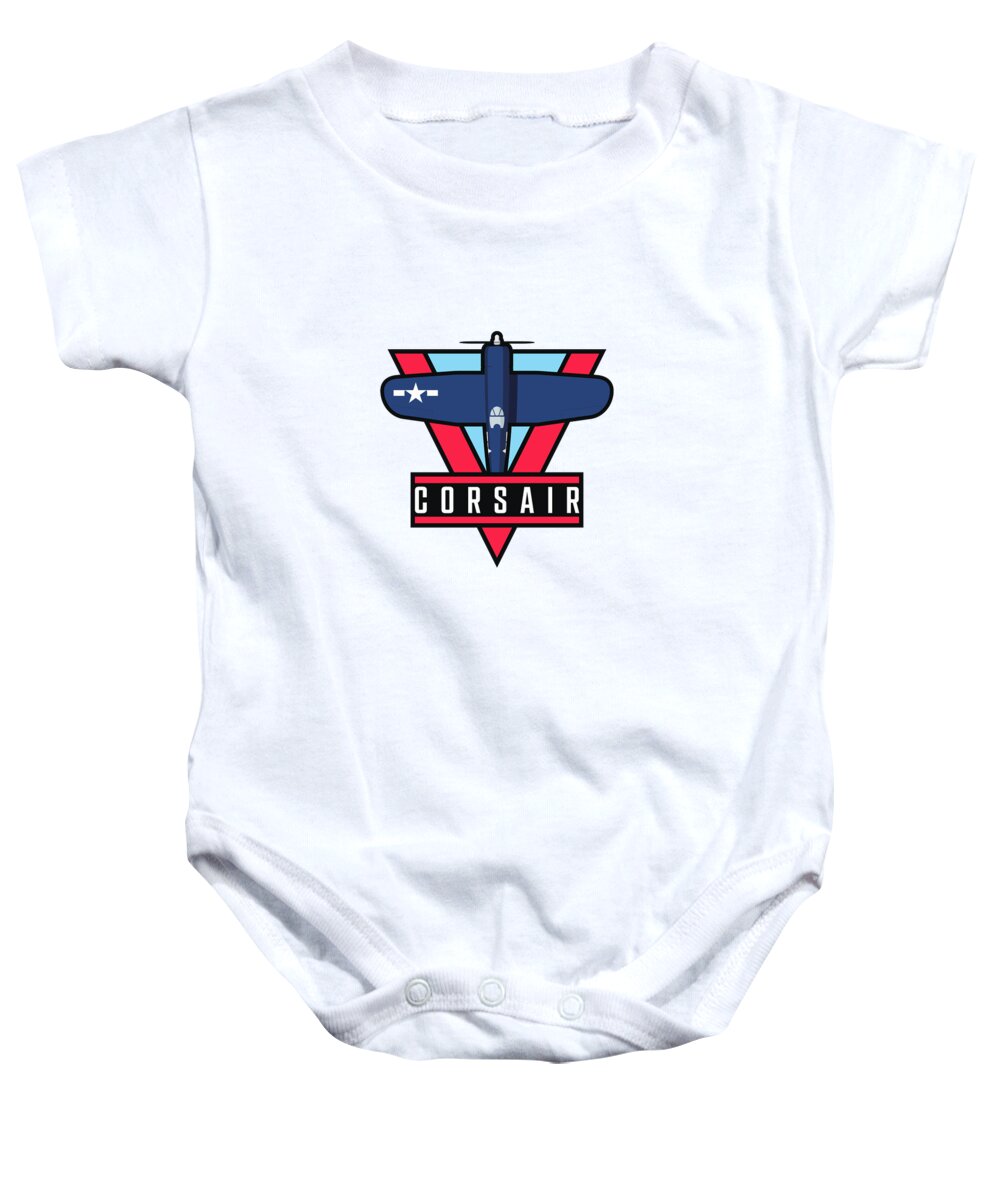 Aircraft Baby Onesie featuring the digital art F4U Corsair WWII Fighter Aircraft - Blue by Organic Synthesis