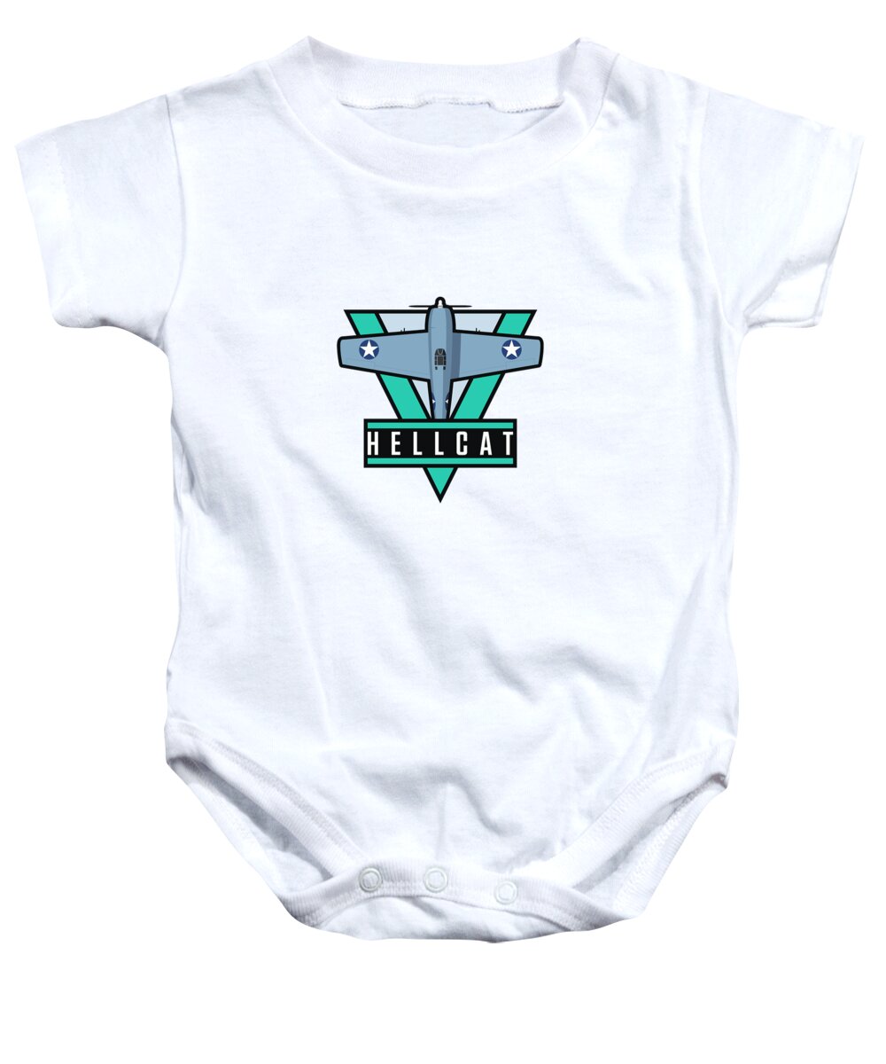 Fighter Baby Onesie featuring the digital art F6F Hellcat WWII Fighter Aircraft - Grey by Organic Synthesis