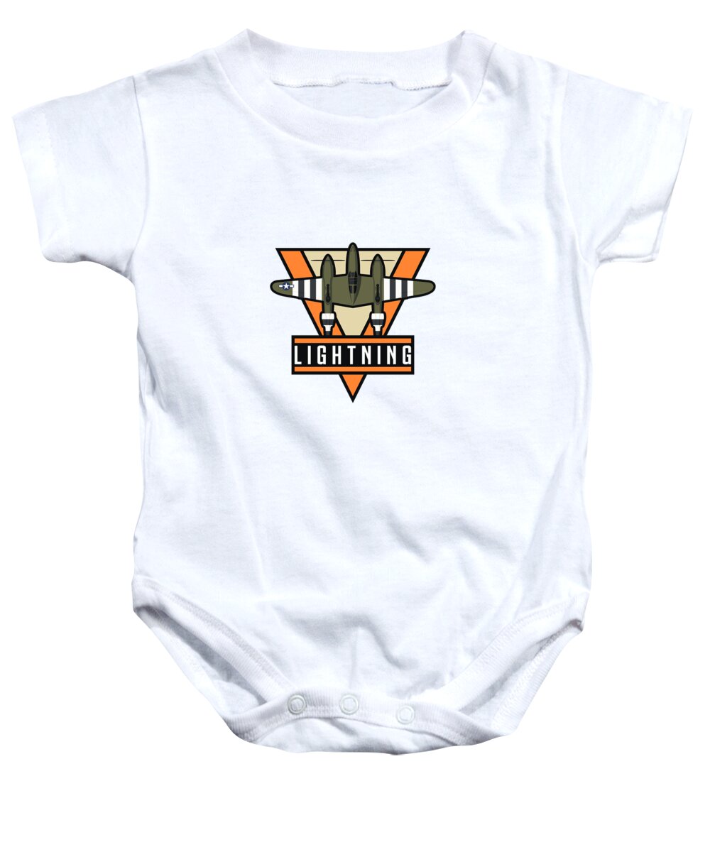 Aircraft Baby Onesie featuring the digital art P-38 Lightning WWII Fighter Aircraft - Olive by Organic Synthesis