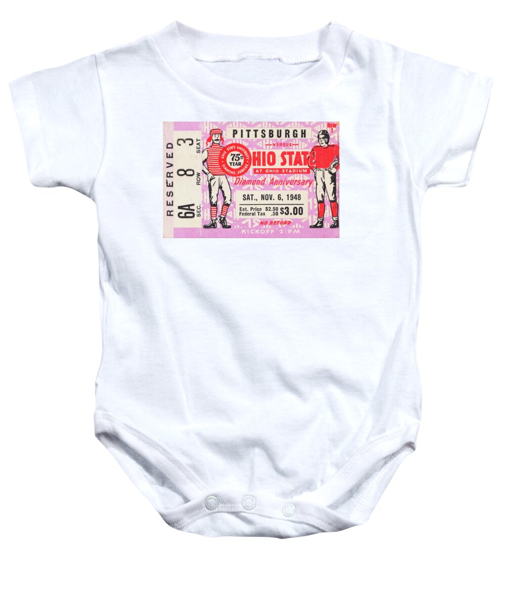 Osu Baby Onesie featuring the mixed media 1948 Pittsburgh vs. Ohio State by Row One Brand