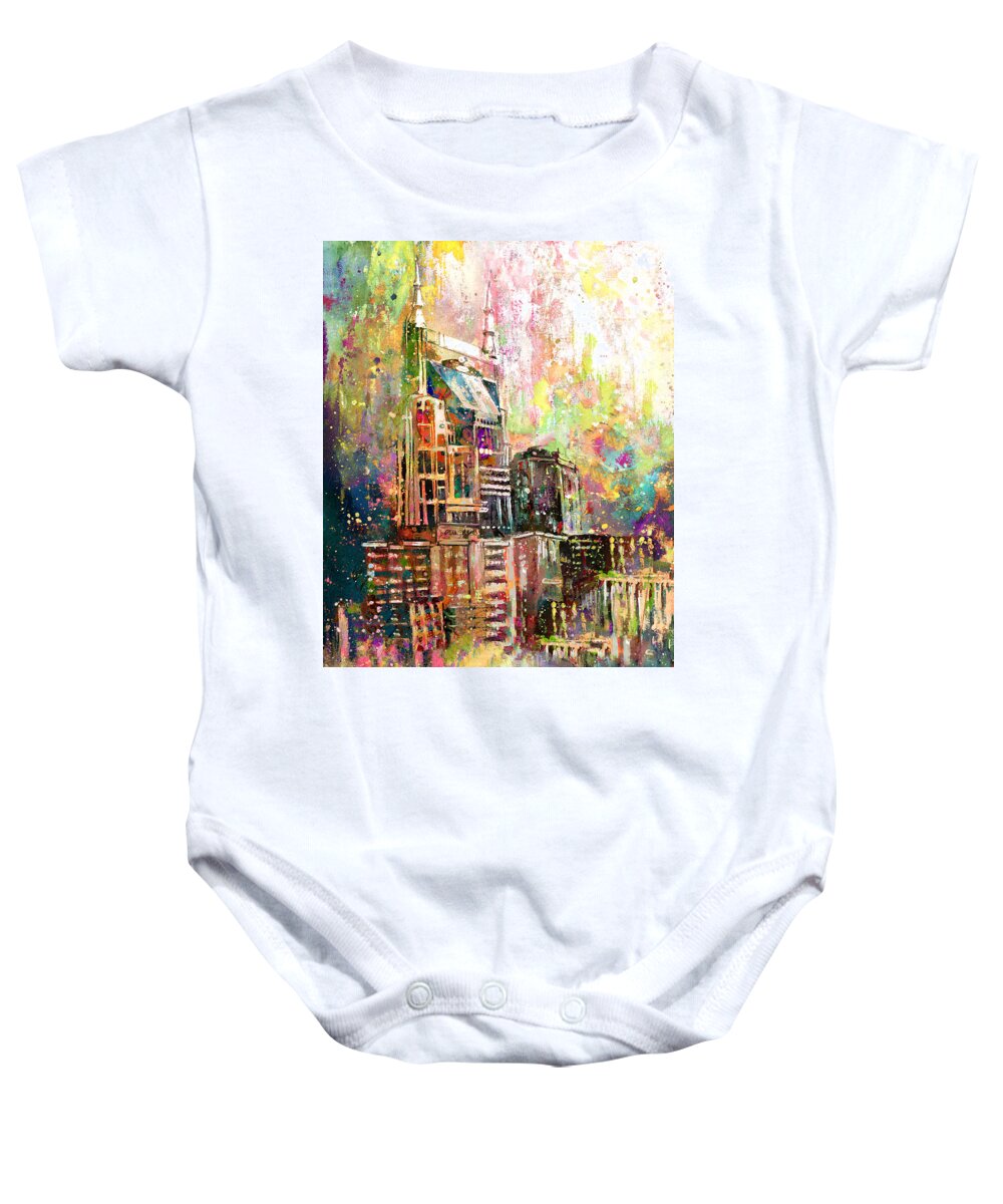 Travel Baby Onesie featuring the painting ATT Building Collage In Nashville by Miki De Goodaboom