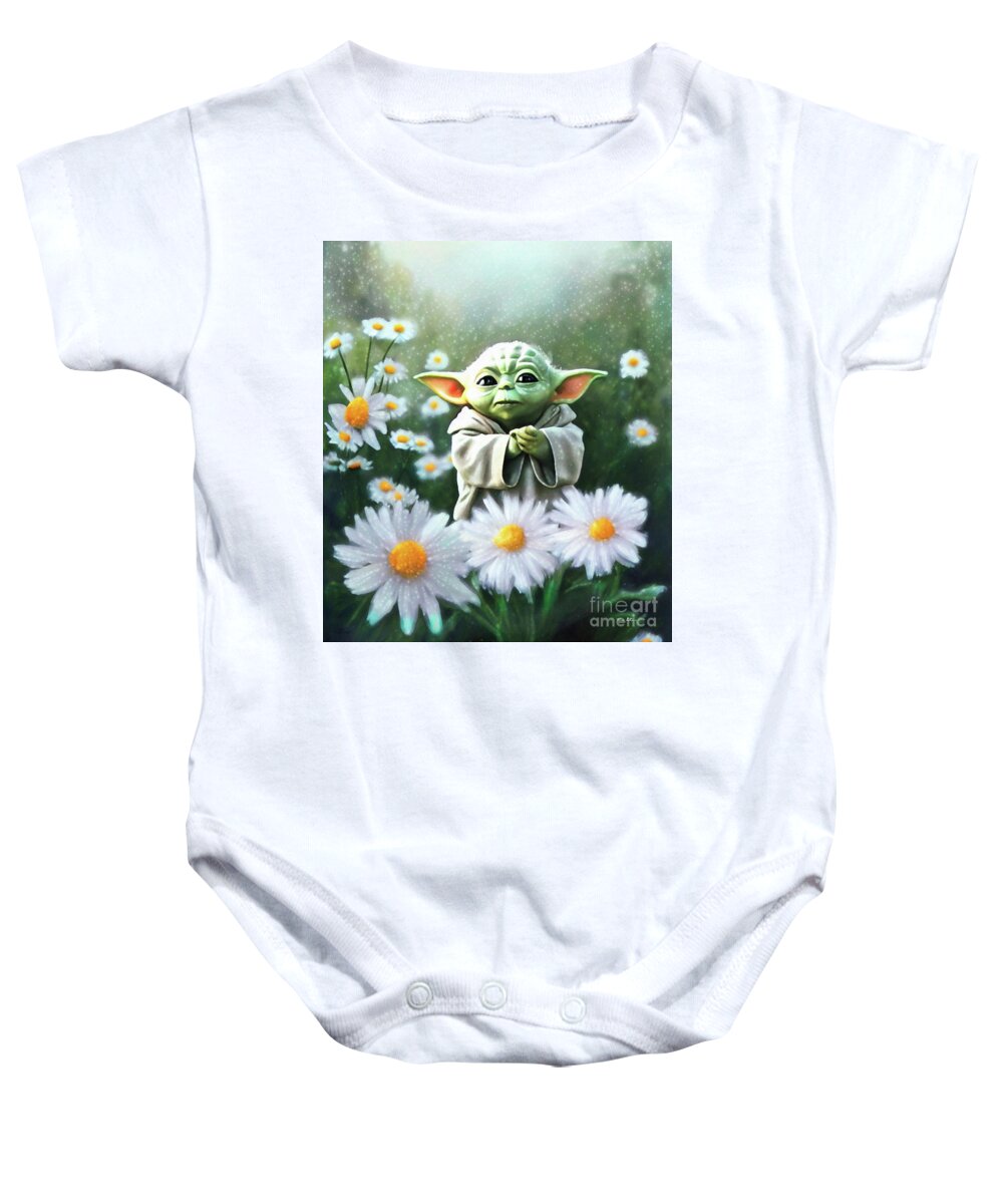 Baby Yoda Baby Onesie featuring the painting Baby Yoda's Gratitude by Tina LeCour