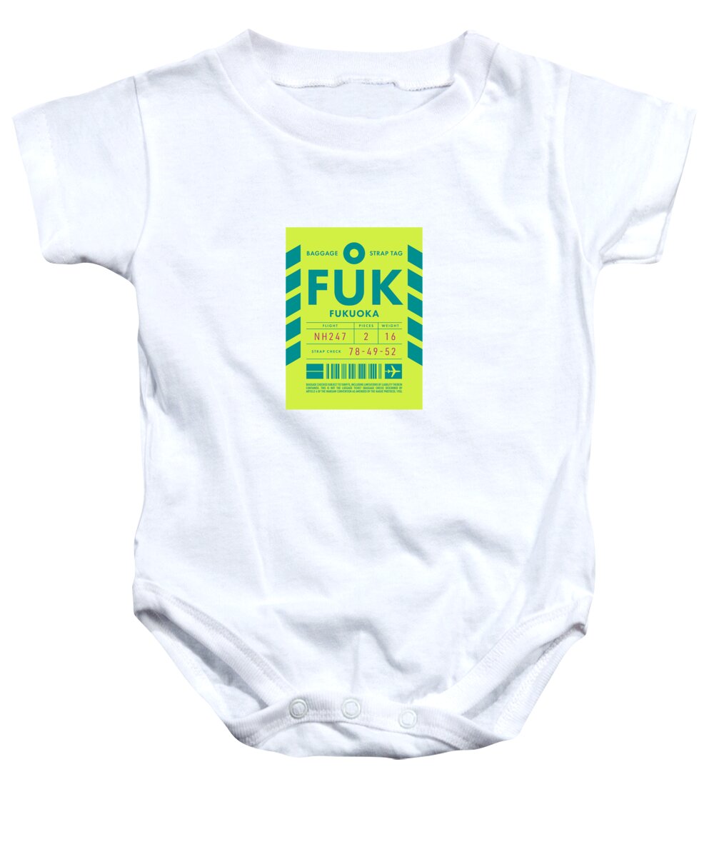 Airline Baby Onesie featuring the digital art Baggage Tag D - FUK Fukuoka Japan by Organic Synthesis