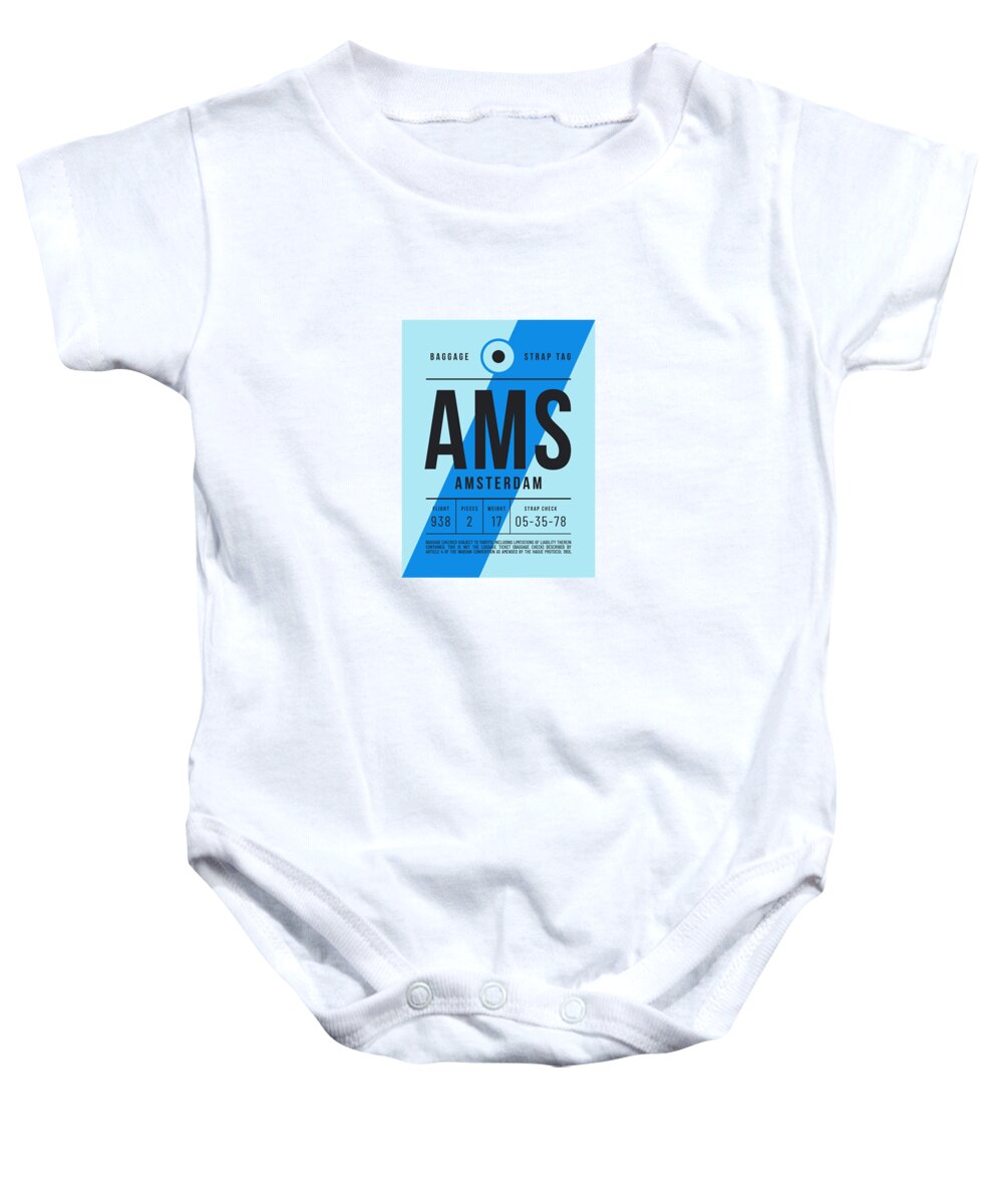 Airline Baby Onesie featuring the digital art Baggage Tag E - AMS Amsterdam Netherlands by Organic Synthesis
