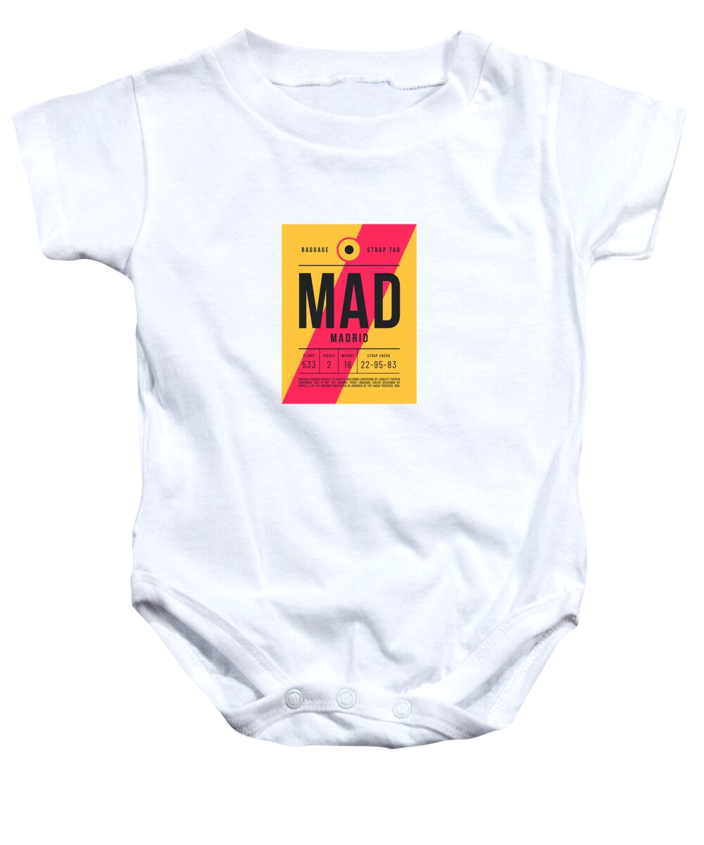 Airline Baby Onesie featuring the digital art Baggage Tag E - MAD Madrid Spain by Organic Synthesis