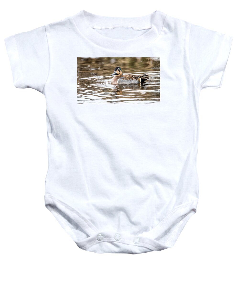 Baikal Teal Baby Onesie featuring the photograph Baikal Teal, a swinning beauty and rare visitor in Sweden by Torbjorn Swenelius