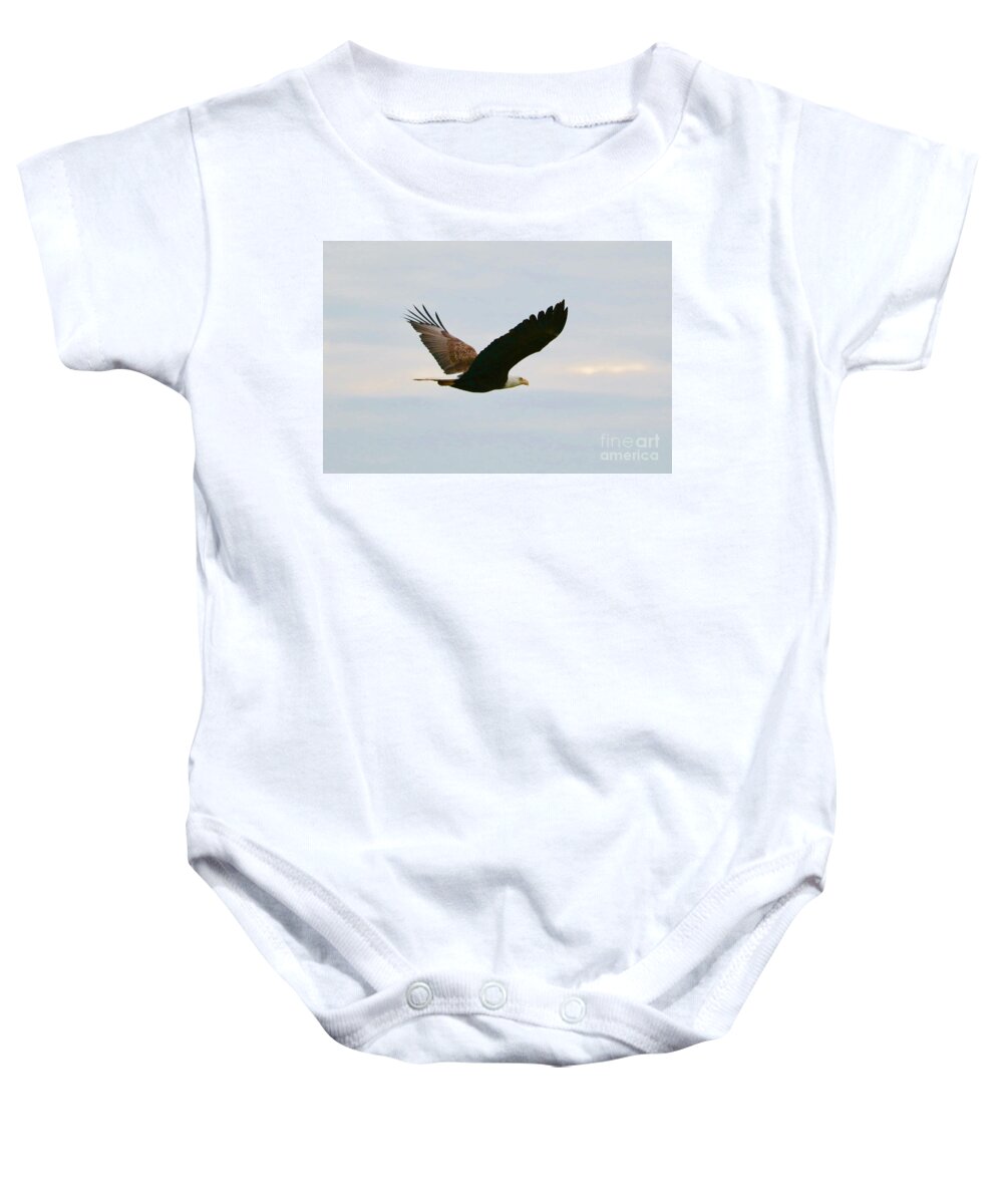 Bald Eagle Baby Onesie featuring the photograph Bald Eagle Flying with Light Blue Sky by Carol Groenen