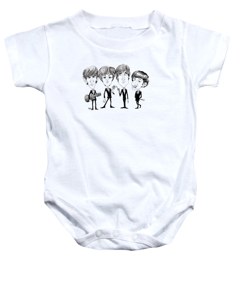 Caricature Baby Onesie featuring the drawing Beatles 1965 by Mike Scott