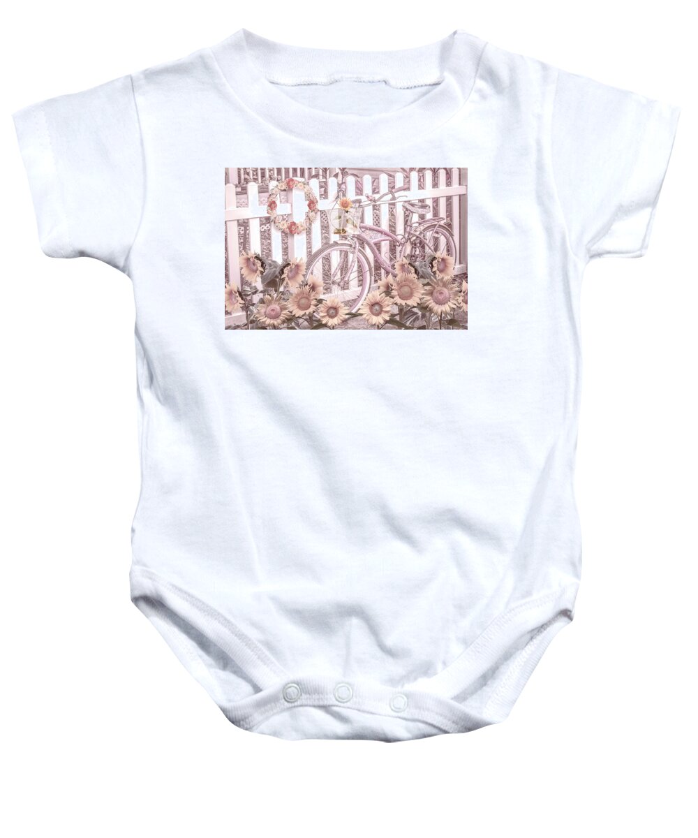 Fla Baby Onesie featuring the photograph Bicycle at the Beachhouse Sunflower Fence by Debra and Dave Vanderlaan
