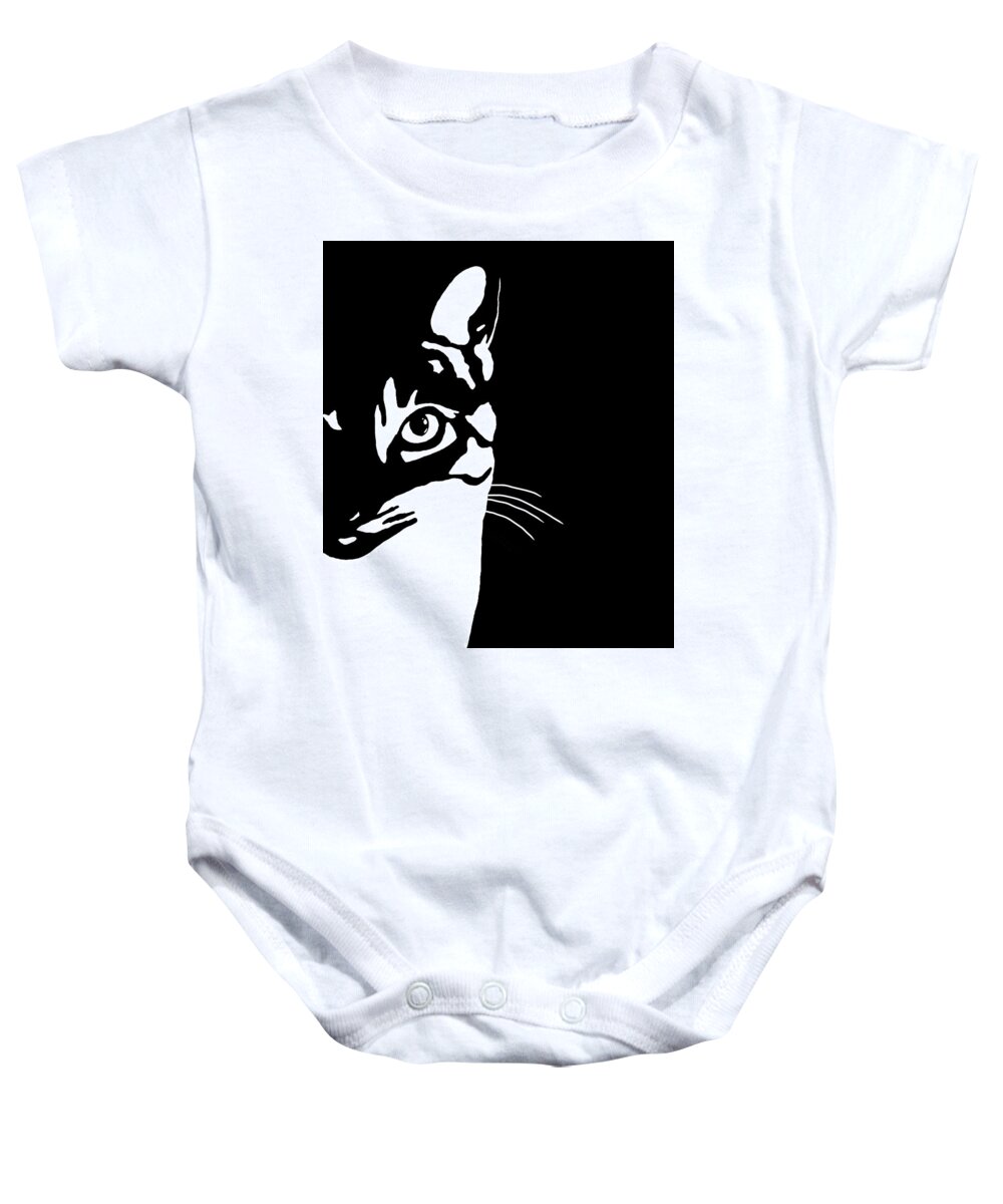 Cat Baby Onesie featuring the digital art Black and White Cat 657 by Lucie Dumas
