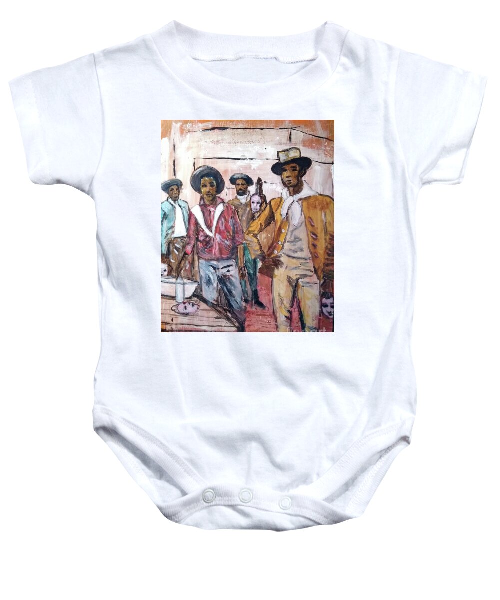 Black Cowboys Baby Onesie featuring the painting Black Cowboys the originals by Tyrone Hart