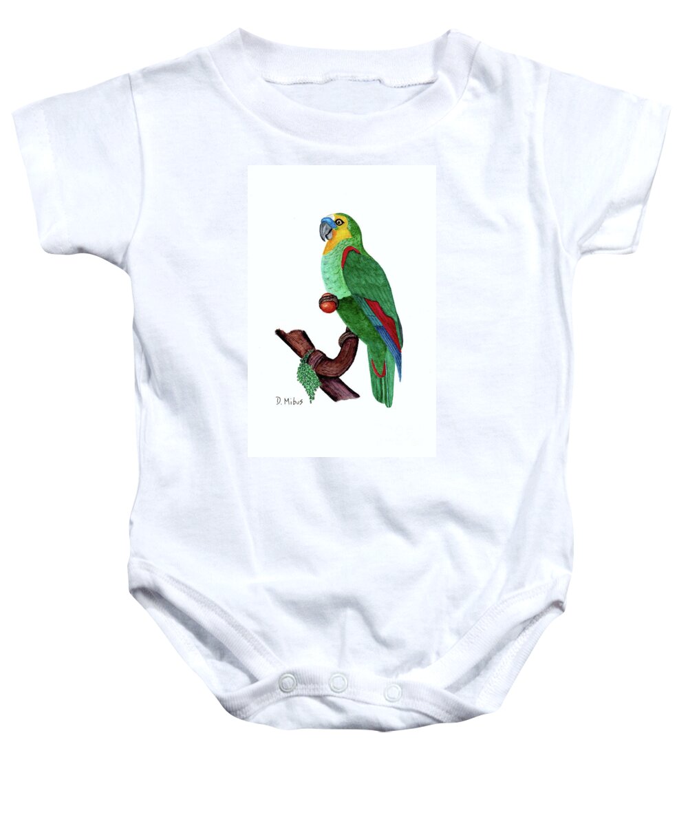 Blue Fronted Amazon Parrot Baby Onesie featuring the painting Blue Fronted Parrot Day 5 Challenge by Donna Mibus