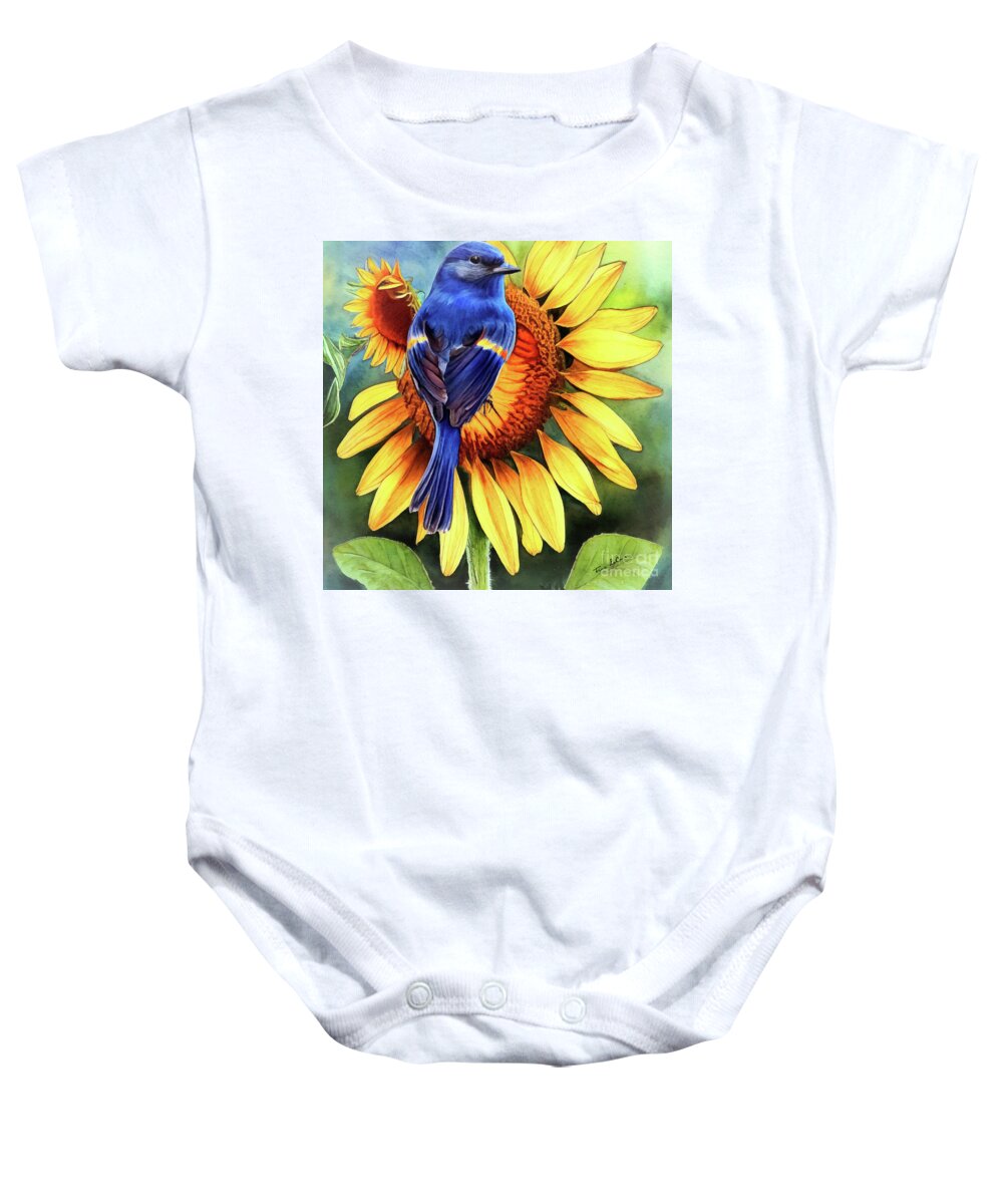 Bluebird Baby Onesie featuring the painting Bluebird On The Sunflower 2 by Tina LeCour