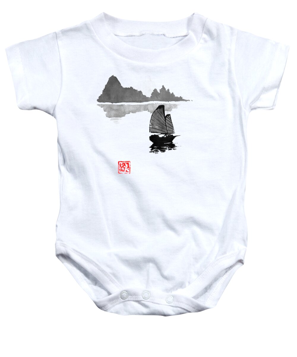 Bay Baby Onesie featuring the drawing Boat On The River by Pechane Sumie