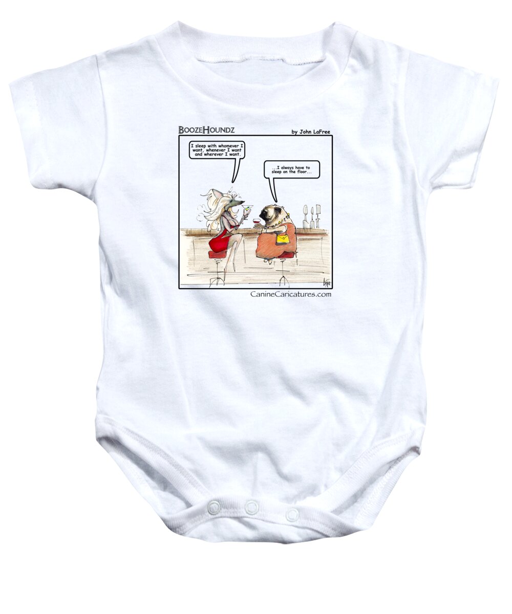 Chinese Crested Baby Onesie featuring the drawing BOOZEHOUNDZ I Sleep on the Floor by Canine Caricatures By John LaFree