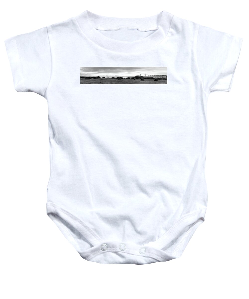 Newport Baby Onesie featuring the photograph Bridge On The Bay in BW by Jim Feldman