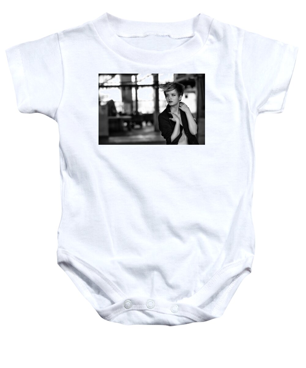 Russian Artist New Wave Baby Onesie featuring the photograph Briella at Factory. Black and White by Vitaly Vakhrushev