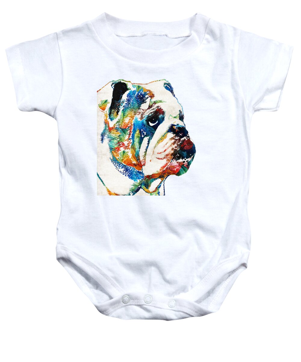 Dog Baby Onesie featuring the painting Bulldog Pop Art - How Bout A Kiss - By Sharon Cummings by Sharon Cummings