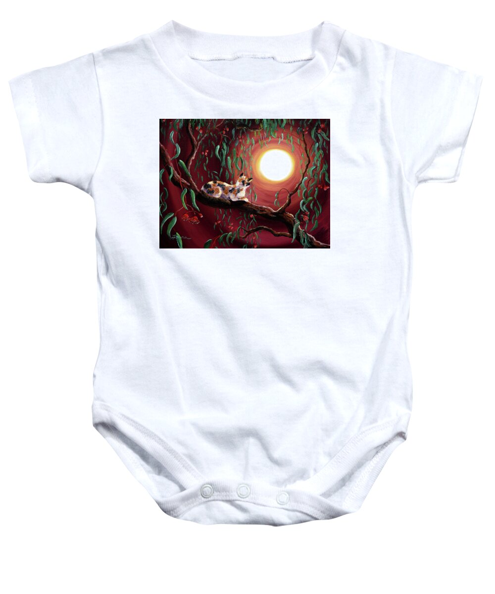 Calico Baby Onesie featuring the painting Calico Cat in Eucalyptus Boughs by Laura Iverson