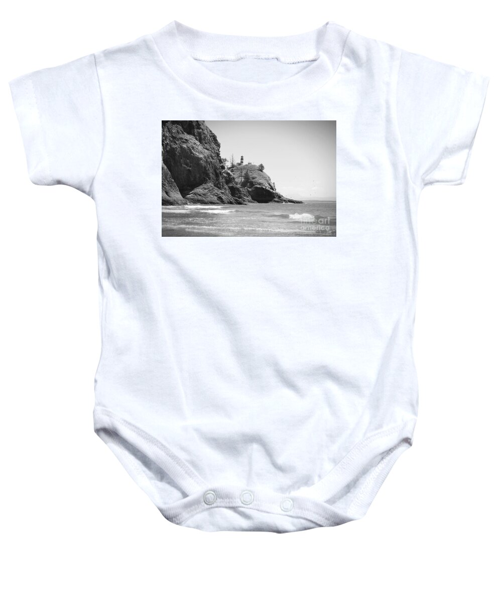 Lighthouse Black And White Baby Onesie featuring the photograph Cape Disappointment in Black and White with Vignette by Carol Groenen