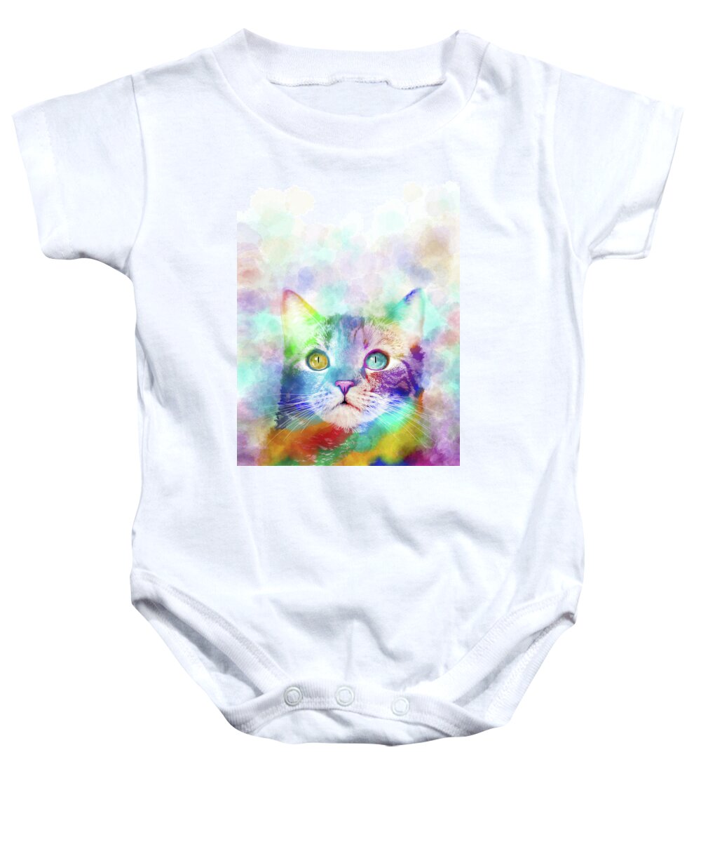 Cat Baby Onesie featuring the digital art Cat 663 multicolor cat by artist Lucie Dumas by Lucie Dumas
