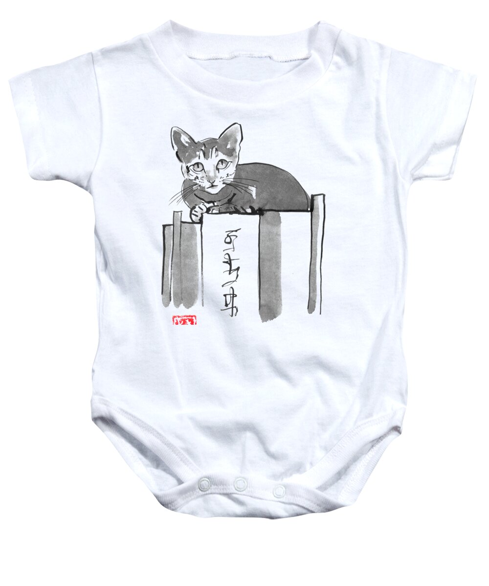 Cat Baby Onesie featuring the drawing Cat On Books by Pechane Sumie