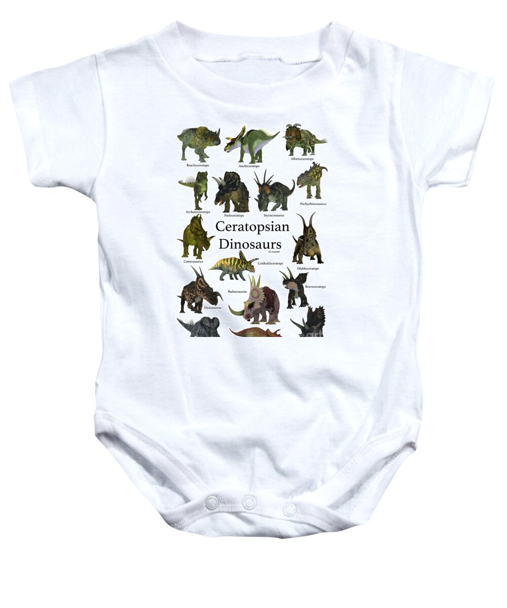 Ceratops Baby Onesie featuring the digital art Ceratopsian Dinosaurs by Corey Ford