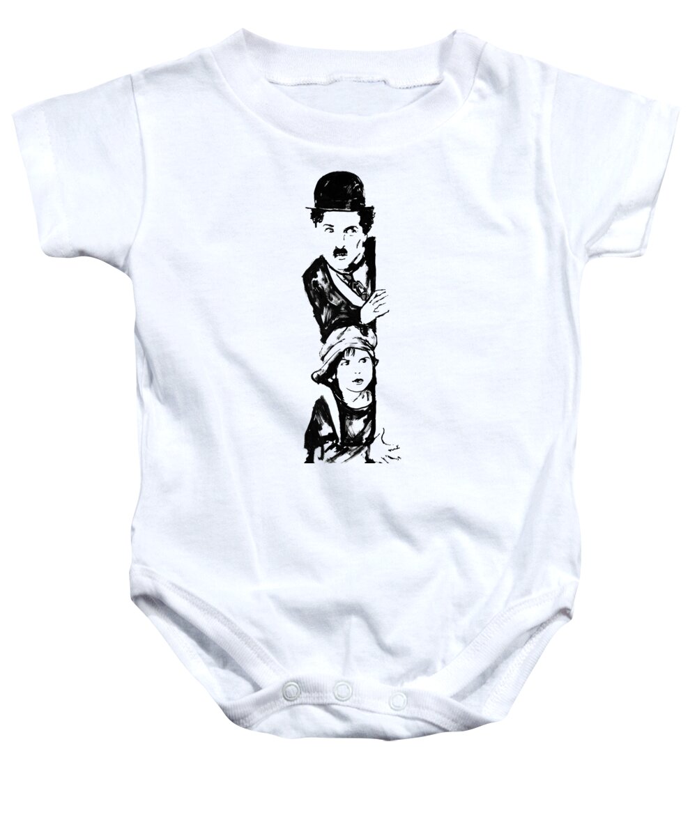 Charlie Chaplin Baby Onesie featuring the drawing Charlie And The Kid by Pechane Sumie